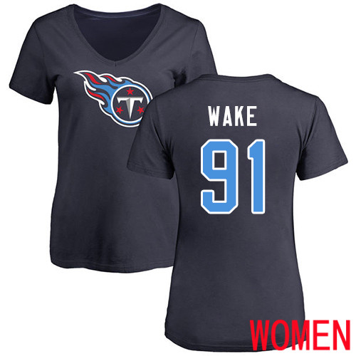 Tennessee Titans Navy Blue Women Cameron Wake Name and Number Logo NFL Football #91 T Shirt